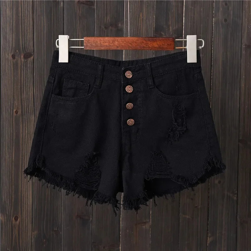 "Women's Plus Size Grey Denim Shorts – Hole-Punched, Fringe Hem, Slimming Bell Bottom Summer Style"