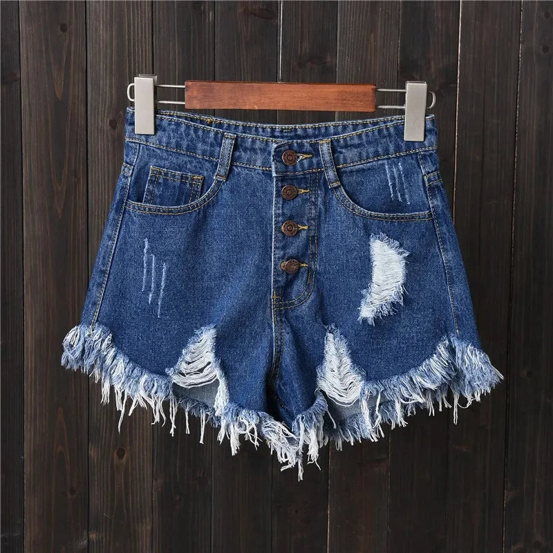 "Women's Plus Size Grey Denim Shorts – Hole-Punched, Fringe Hem, Slimming Bell Bottom Summer Style"