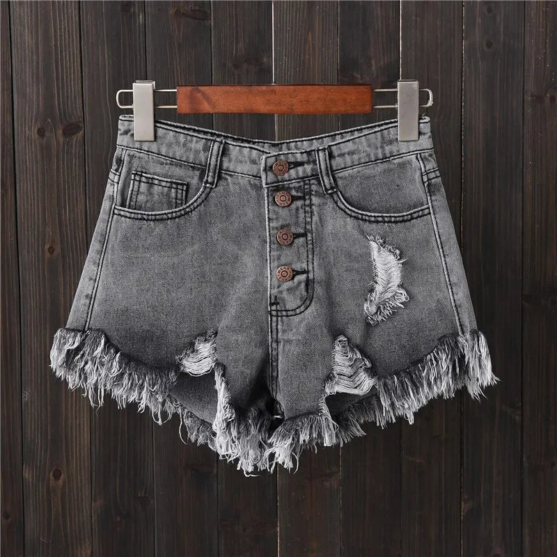 "Women's Plus Size Grey Denim Shorts – Hole-Punched, Fringe Hem, Slimming Bell Bottom Summer Style"