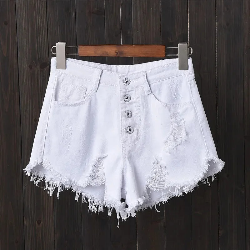 "Women's Plus Size Grey Denim Shorts – Hole-Punched, Fringe Hem, Slimming Bell Bottom Summer Style"