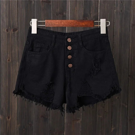 "Women's Plus Size Grey Denim Shorts – Hole-Punched, Fringe Hem, Slimming Bell Bottom Summer Style"