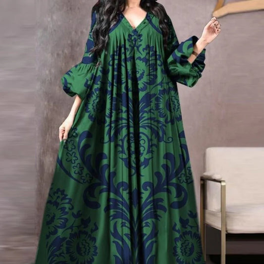"Boho V-Neck Pleated Swing Dress – Elegant 3/4 Lantern Sleeve Party Style"